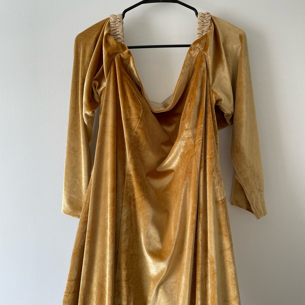 NWT Formal Dress oyisha special occasion maxi velvet mustard dress off shoulder - Picture 3 of 16